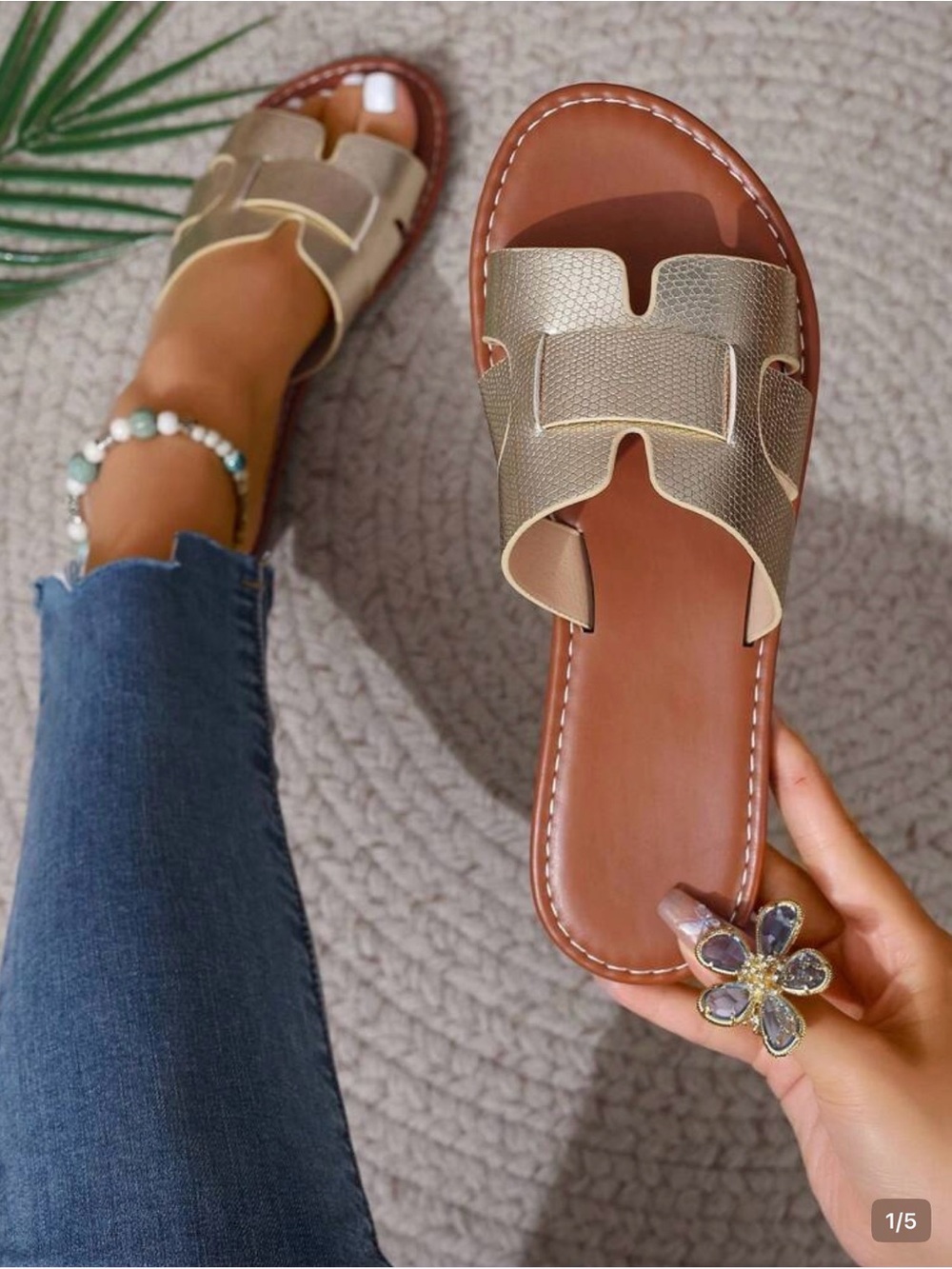 Women’s Gold Slide Sandals – Casual Leather Footbed